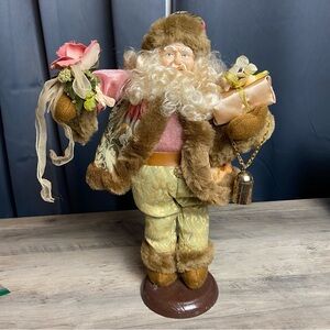 Vintage Christmas Santa Claus Figurine with Pink and Gold Accents, Faux Fur, 16”